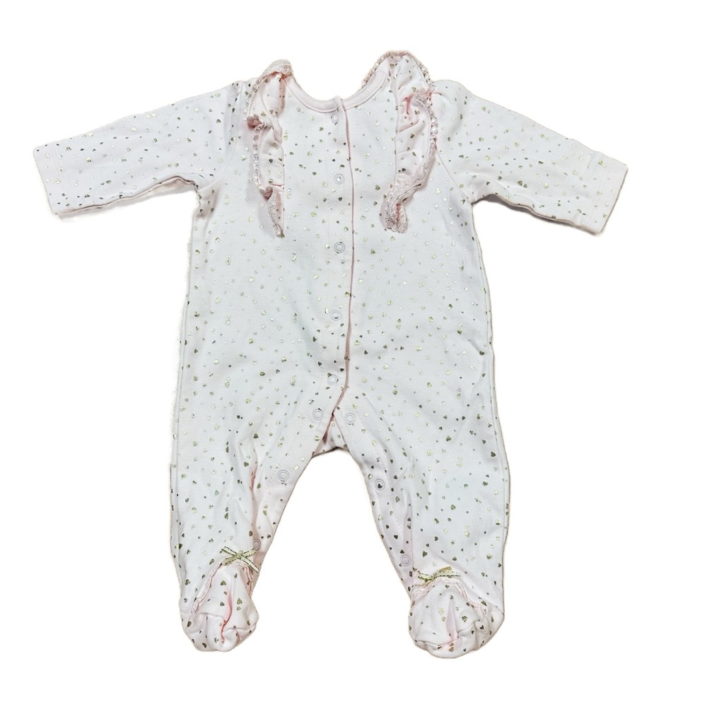 Little Me Pink & Glittery Gold Polka Dot Ruffle Footie Baby Girl Size 3M